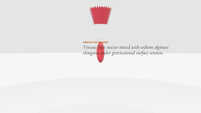 3D animation of the alginate spherification process detailing meniscus detachment, ionic gelation, and hermetic encapsulation in molecular gastronomy to create faux caviar pearls