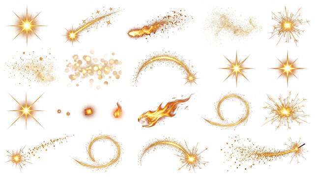 Gold sparks and sparkle light effects asset pack isolated on white background. Set of festive golden stars, sparkling particles, magic dust trails, fire flames, and sparklers icons.