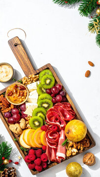 Festive Christmas charcuterie board with fruit, cheese, nuts, and cured meat creating colorful holiday spread