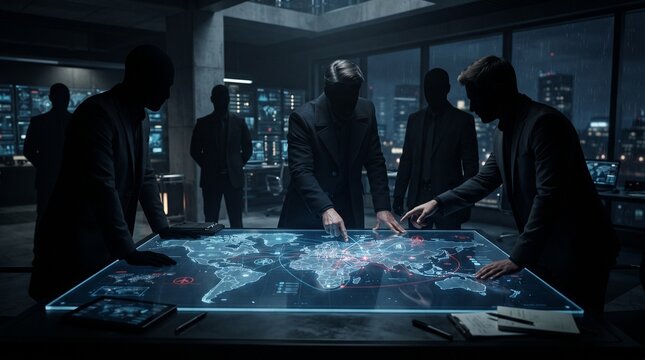 Secret agents in dark suits planning global strategy on futuristic holographic map table in command center