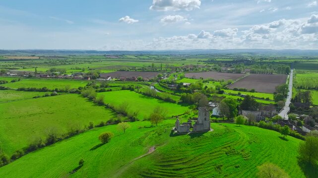 Burrow Mump from a drone, Southlake Moor, Burrowbridge, Taunton, Somerset, England, United Kingdom
