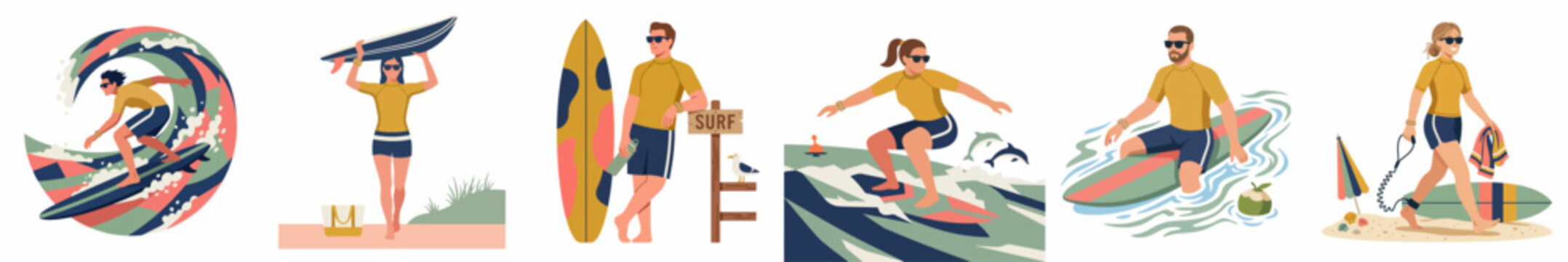 Collection of flat vector illustrations depicting various surfing activities, including riding waves, carrying surfboards, and relaxing at the beach.