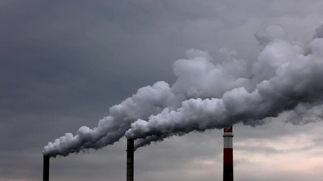 Pollution, industry, smoke pouring out of a factory chimney, Lenzing, Upper Austria, Austria