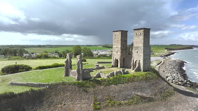Reculver Towers and Roman Fort from a drone, Herne Bay, Kent, England, United Kingdom