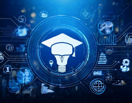 digital education concept with innovative light bulb graduation cap and symbols on touchscreen interface for modern learning and knowledge sharing