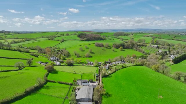 Fields and Farmlands at spring from a drone, Devon, England, United Kingdom