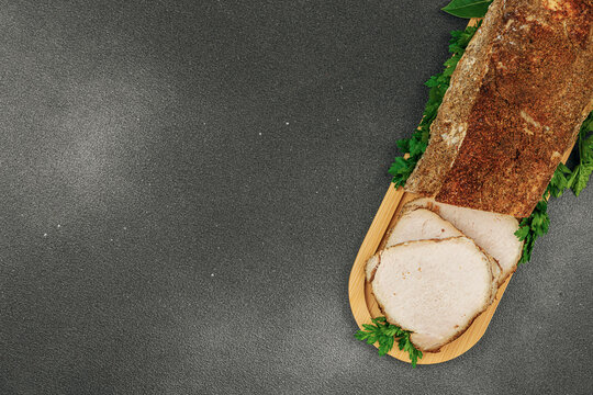 High-protein roasted pork loin served with tasty sauces, styled for food photography