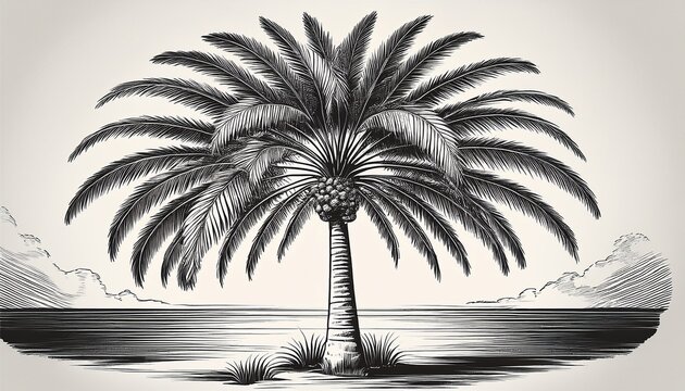 retro sketch of tall palm tree with long curved leaves drawn in detailed vintage hand drawn black and white style