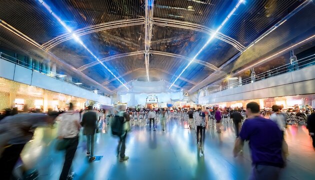 blurred image of busy expo hall with vibrant lighting and crowded attendees at a trade show event