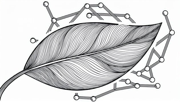 black line art of leaf with molecular structure
