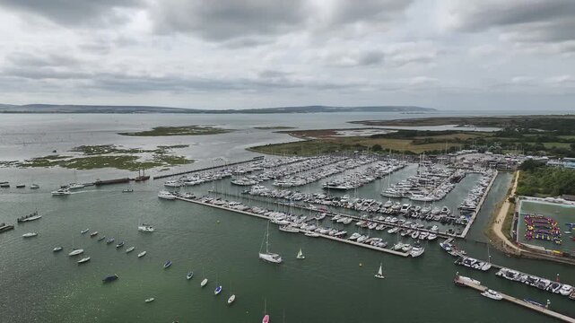 Lymington River and marina from drone, Lymington, New Forest, Hampshire, England, United Kingdom