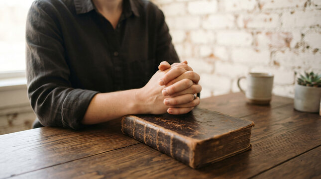 Close up photo person sitting wooden desk folded hands resting together peaceful prayer gesture over closed vintage leather bound book rustic white brick wall background scene
