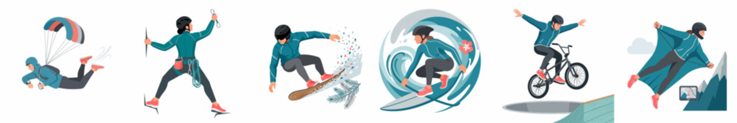 Fototapeta premium Collection of extreme sports illustrations including skydiving, rock climbing, snowboarding, surfing, BMX, and wingsuit flying on a white background.