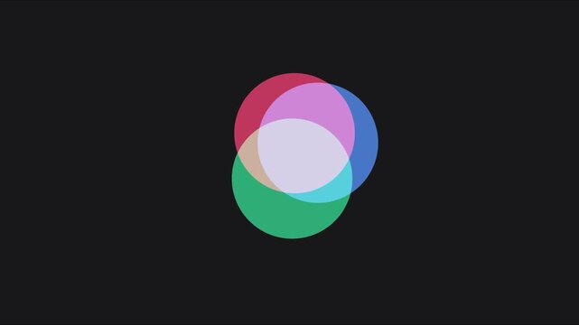 Abstract motion with overlapping colorful circles and transparency effects on animation 4k black background