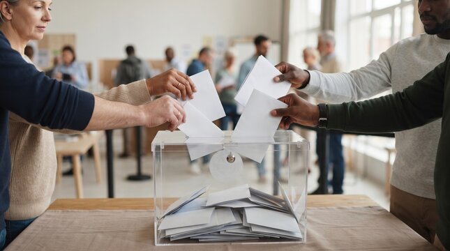 Diverse people casting votes in ballot box at election polling station, close-up on hands and voting booth
