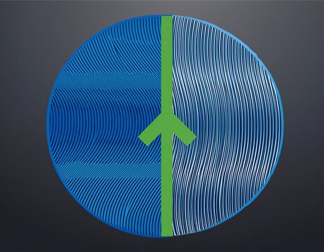 circular graphic with contrasting patterns wavy blue lines on left vertical blue lines on right separated by green vertical stripe and arrow symbolizing transition or comparison