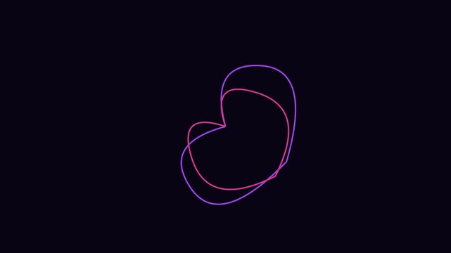 Abstract neon heart shape animation with glowing pink and purple minimalist lines on dark 4k background