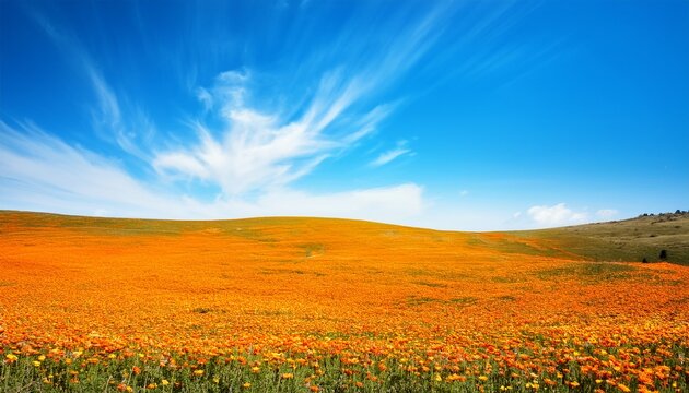 beautiful natural background with orange flower field and blue sky large copyspace area with copy space for text
