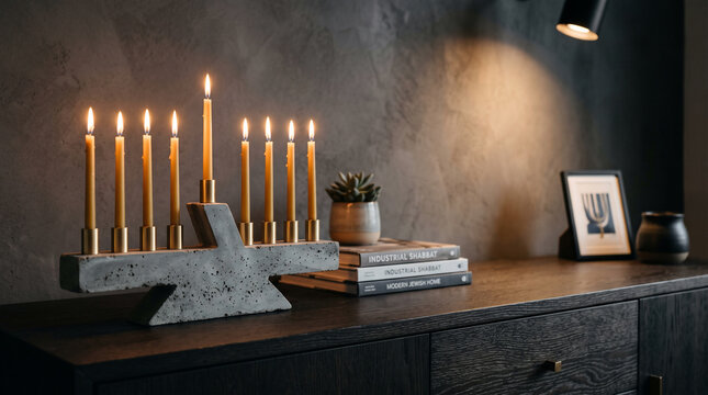 Modern concrete Hanukkah menorah with burning candles on wooden sideboard, perfect for holiday greeting cards, interior design blogs and religious events