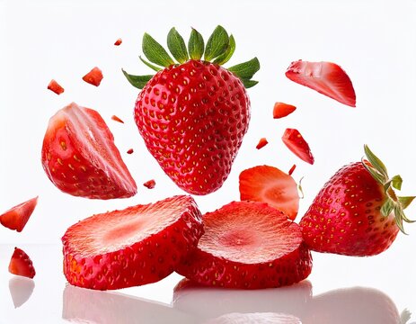 strawberry pieces falling down fresh strawberry slices falling mid air with vibrant red color isolated strawberry strawberries sliced strawberries floating and falling naturally