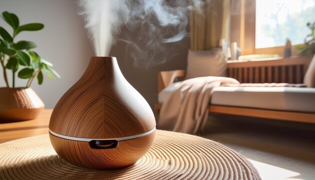 aromatic essential oil diffuser releasing soothing mist in calm wellness room with natural spa atmosphere