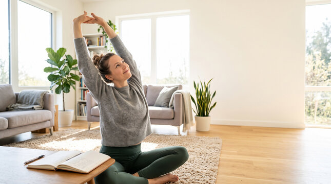 Radiant woman stretching in bright modern living room with notebook on table, perfect for wellness articles, remote work balance and lifestyle blogs