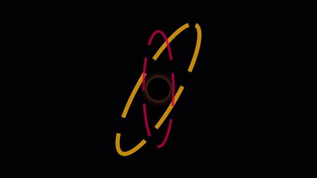 Abstract rotating atom model with glowing orbital rings for science and technology motion animation 4k