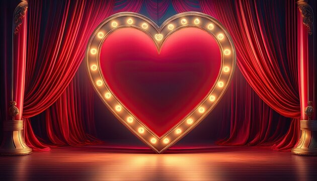 heart shaped marquee sign illuminating red velvet curtains on stage