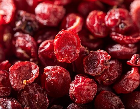 extreme close up of dehydrated red currant berries and dried fruit pieces with intense deep color
