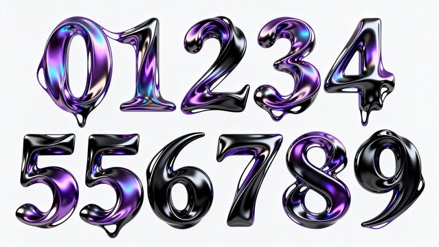 Purple black liquid metal fluid numerals 0 to 9, glossy gradient 3D art typography on white background
