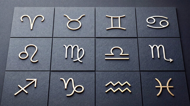 Zodiac signs set with gold astrological symbols on dark textured background. Minimalist flat lay grid collection of twelve horoscope icons from Aries to Pisces.