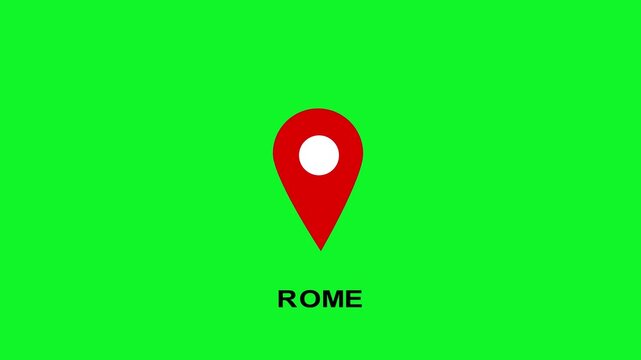 Red map pin pointer with rome text on green screen background, for travel and, location destination