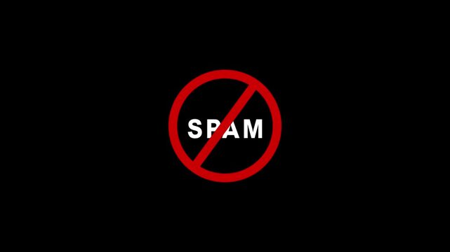 Anti spam sign animation on black background, stop unwanted junk mail and phishing protection stop spam