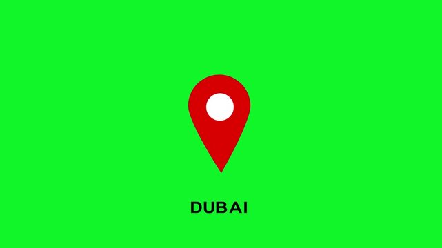 Red location map pin with dubai text on green screen chroma key background, for travel and navigation