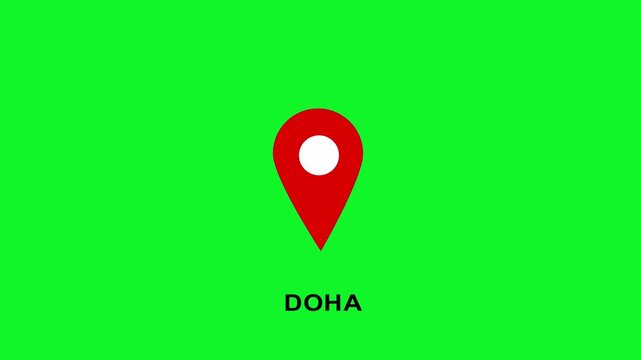 Doha location pin map marker animation on green screen, red gps destination for travel and navigation