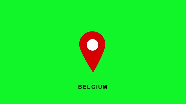 Belgium map pin location pointer animation on green screen chroma key background, navigation