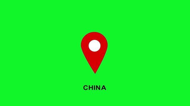 China red map pin marker location animation on green screen background, for travel and, navigation location marker
