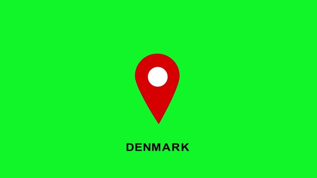 Denmark map pin location on green screen chroma key background, for travel and, navigation location pin