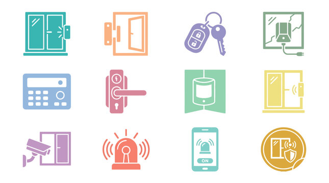 Electronic smart lock and home alarm system icons.