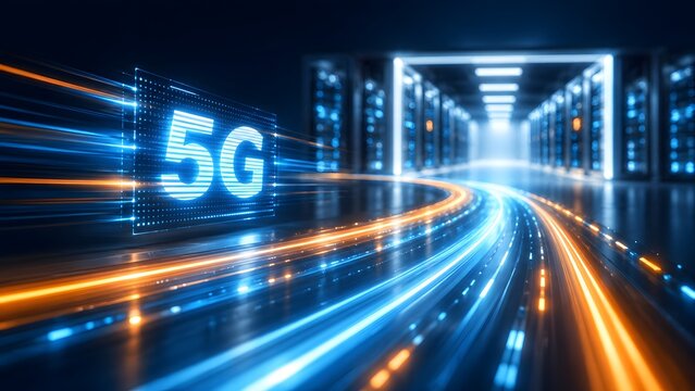 High speed light trails passing a glowing 5G digital sign in a futuristic data center highlighting fast telecommunication and internet network