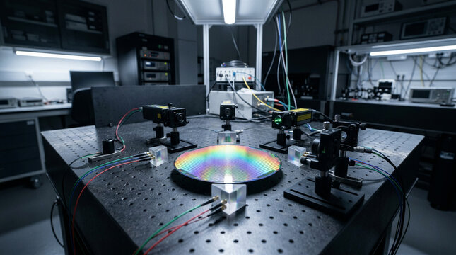 Photonic crystal metamaterial wafer with iridescent structural color in advanced optics research lab, high-tech material science technology and laser alignment system