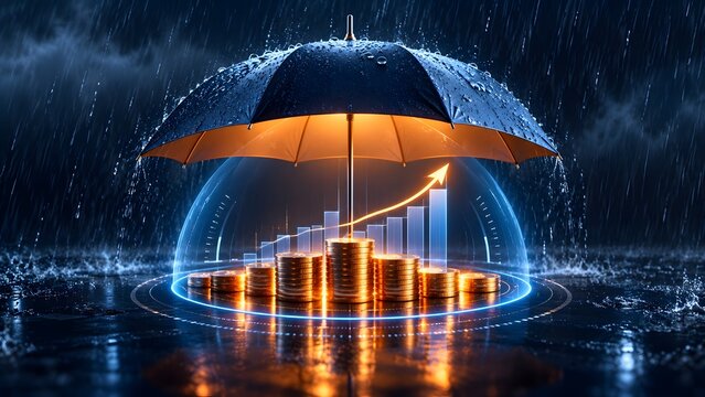 Black umbrella protecting gold coin stacks and an upward financial growth chart from a heavy rainstorm symbolizing wealth security