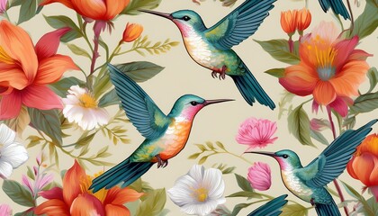 Obraz premium seamless pattern of colorful hummingbirds and blooming flowers in soft tones ideal for nature themed designs textile prints wallpapers stationery packaging or spring inspired visuals