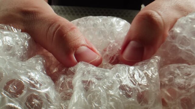Bubble wrap squeezed in hands, fingers popping plastic film air bubbles extreme close up macro, packaging and stress relief concept