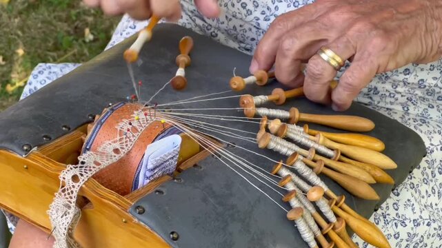 Knyppling, making lace, an old Swedish handicraft in Ystad, Scania, Sweden, Scandinavia
