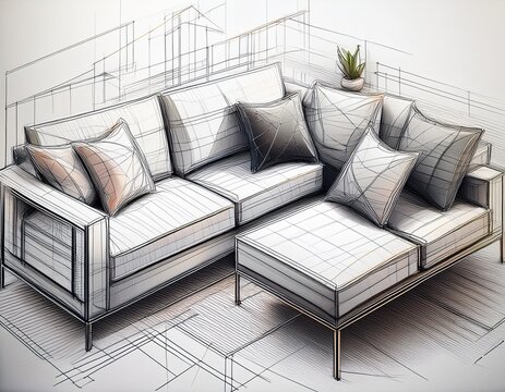 abstract plan with space for text related to interior design textures imitating furniture layout plans sketches of modern sofa armchair bed with thin lines on a white background
