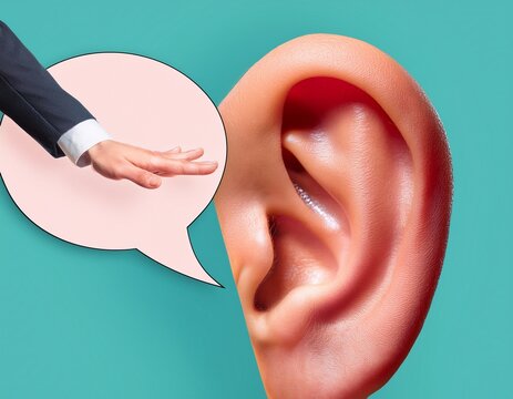 a contemporary art collage depicting a giant ear listening to a message bubble while covering it with a hand