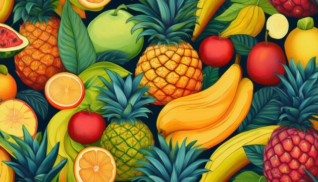 seamless tropical fruit pattern featuring colorful pineapples bananas papayas watermelons apples oranges and lemons