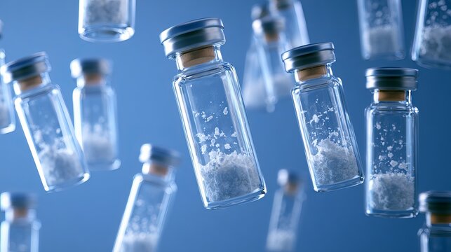 Glass vials filled with white powder suspended against a gradient blue background, ideal for pharmaceutical concept imagery