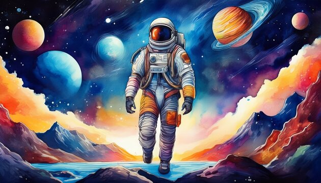 planets rocks clouds galaxy watercolor art astronaut space exploration gateway to another universe space cosmonaut and galaxy for poster banner future science fiction astronomy